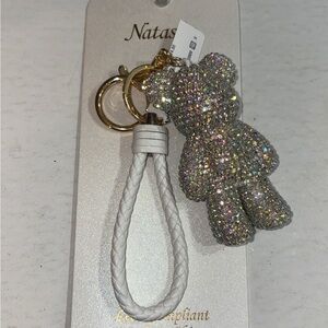 Natasha Couture White Braided Loop Keychain with Glitter Teddy Charm